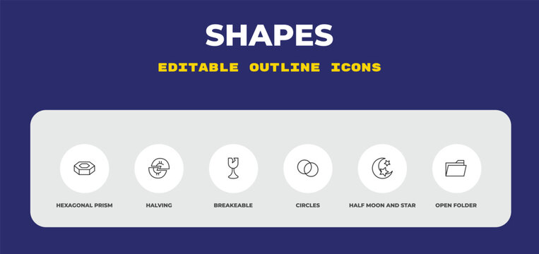 outline shapes icons set - hexagonal prism, halving, breakeable. editable vector for web and mobile ui