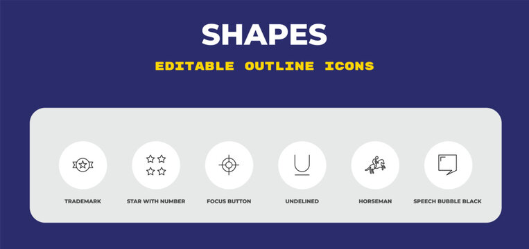 outline shapes icons set - trademark, star with number four, focus button. editable vector for web and mobile ui