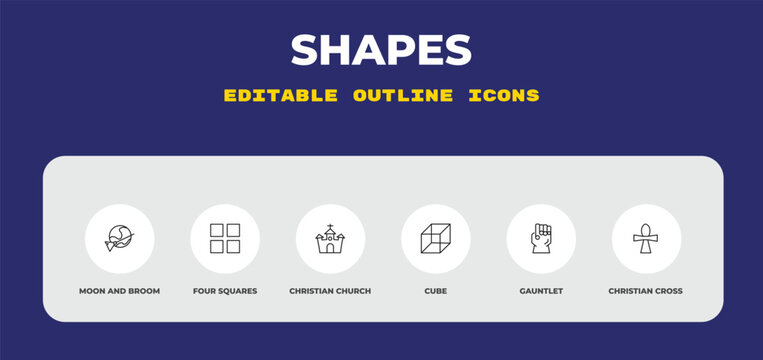 outline shapes icons set - moon and broom, four squares, christian church. editable vector for web and mobile ui