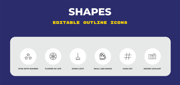 outline shapes icons set - star with number three, flower of life, dome light. editable vector for web and mobile ui