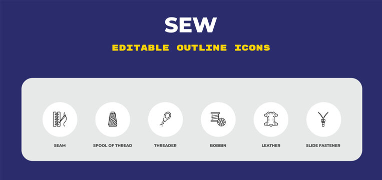 outline sew icons set - seam, spool of thread, threader. editable vector for web and mobile ui