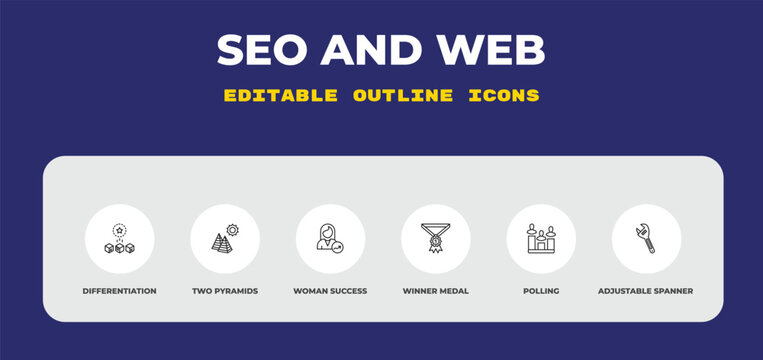 outline seo and web icons set - differentiation, two pyramids, woman success. editable vector for web and mobile ui