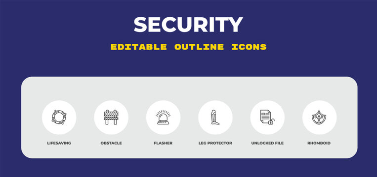 outline security icons set - lifesaving, obstacle, flasher. editable vector for web and mobile ui