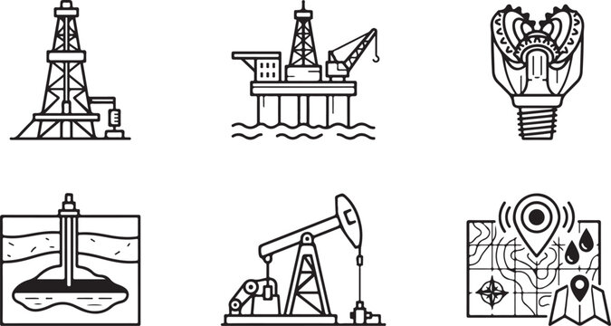 Oil drilling rig offshore platform drill bit and pump jack set with map Isolated on white background