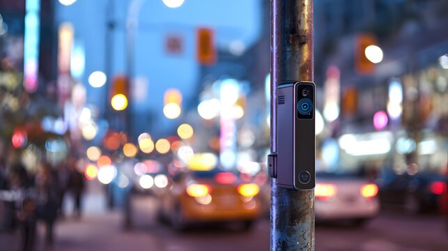 Urban security camera monitors city intersection data reflecting modern technological innovation and smart safety systems