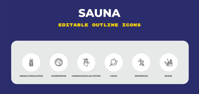 outline sauna icons set - aroma stimulation, hygrometer, cardiovascular system. editable vector for web and mobile ui