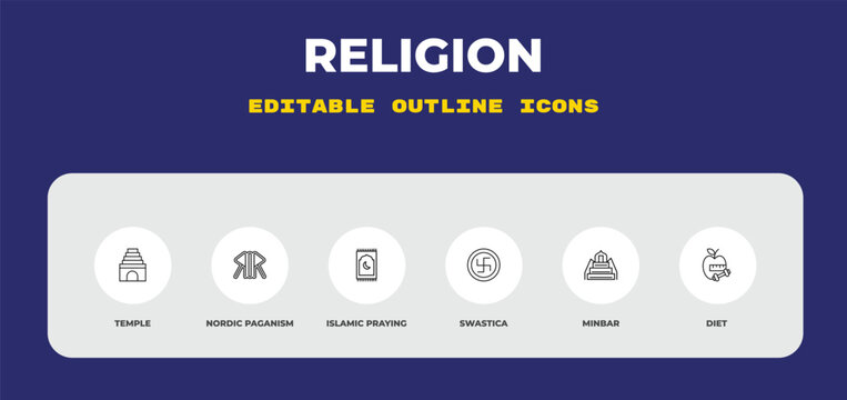 outline religion icons set - temple, nordic paganism, islamic praying carpet. editable vector for web and mobile ui