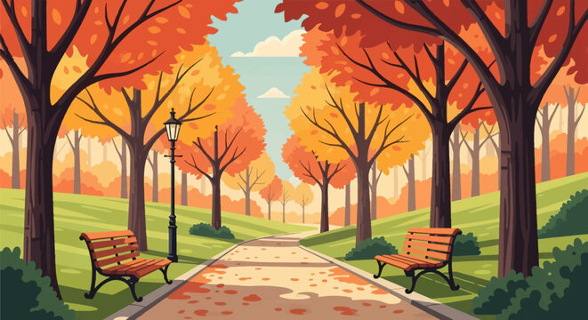 Vector illustration of a scenic autumn park path featuring orange and yellow trees, two wooden benches, a vintage street lamp, and fallen leaves on the ground under a blue sky.