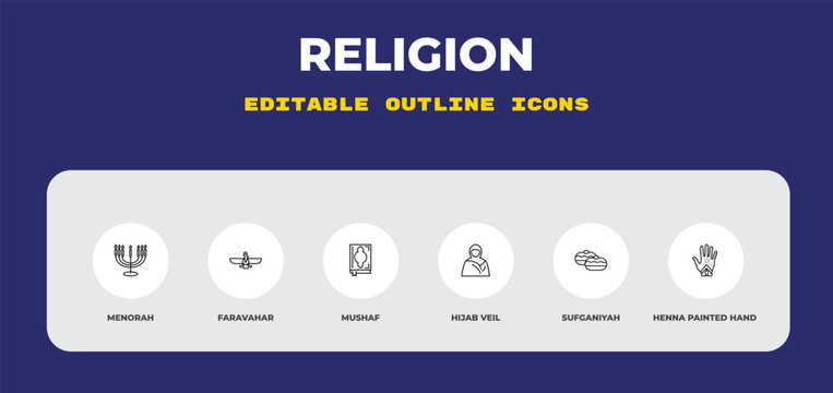 outline religion icons set - menorah, faravahar, mushaf. editable vector for web and mobile ui