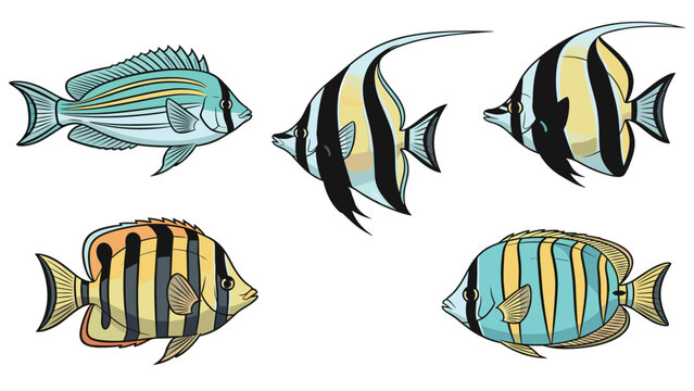 Collection of various tropical fish illustrations including angelfish and triggerfish with colorful patterns on a white background.