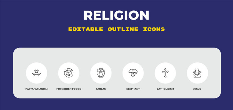 outline religion icons set - pastafarianism, forbidden foods, tablas. editable vector for web and mobile ui