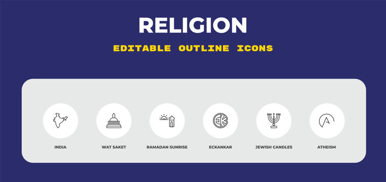 outline religion icons set - india, wat saket, ramadan sunrise. editable vector for web and mobile ui