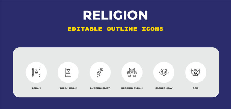 outline religion icons set - torah, torah book, budding staff. editable vector for web and mobile ui