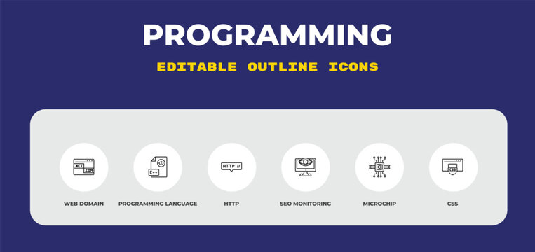 outline programming icons set - web domain, programming language, http. editable vector for web and mobile ui
