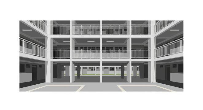 Vector illustration of a Singapore HDB public housing block void deck area with structural columns, white metal railings on corridors and multi-story residential architecture.