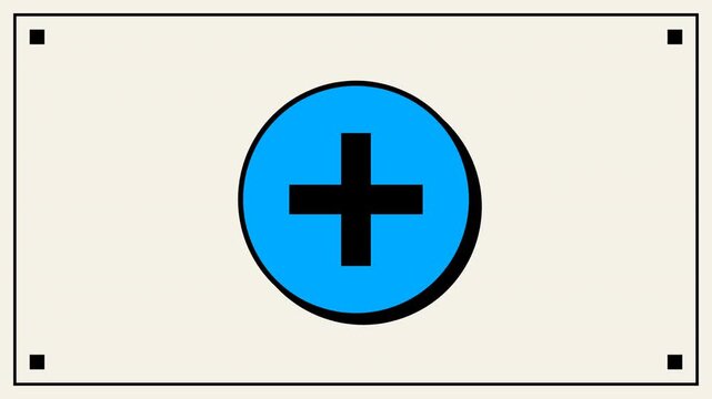 A blue circle with a bold black plus sign, surrounded by a light beige rectangular background