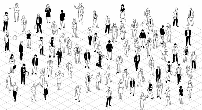 isometric crowd of people busy city street diverse individuals walking and standing