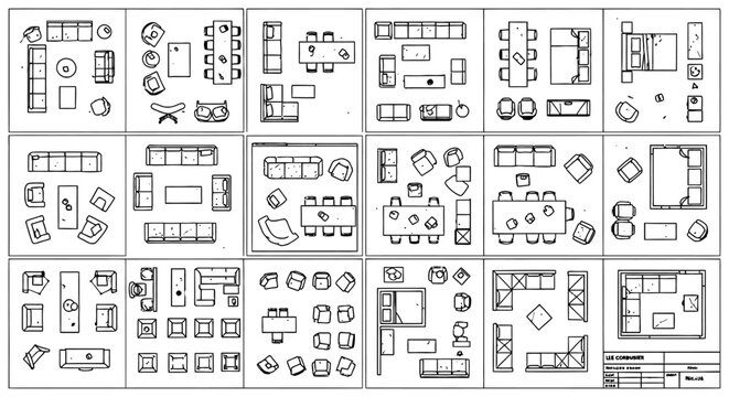 detailed top view architectural furniture symbols set featuring cad plan vector icons for various interior design and floor plans aiding layout concepts.