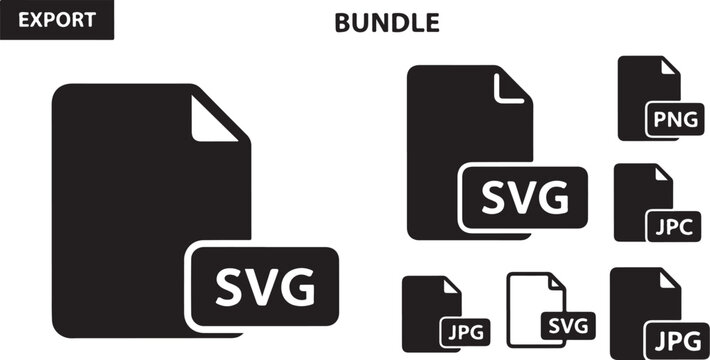 File format icons, export symbols, bundle, SVG, PNG, JPG, file type graphics