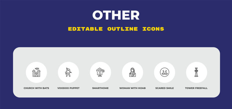 outline other icons set - church with bats, voodoo puppet, smarthome. editable vector for web and mobile ui