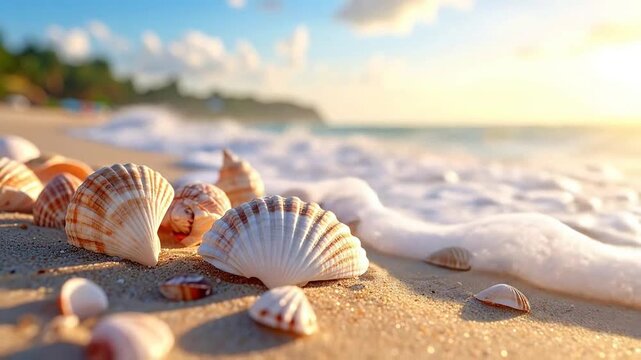 Beautiful seashells scattered on a golden sandy beach with a vibrant sunset over the ocean.