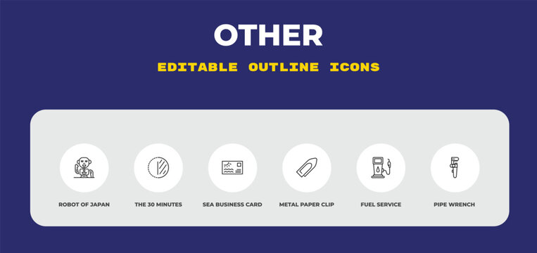 outline other icons set - robot of japan, the 30 minutes, sea business card. editable vector for web and mobile ui