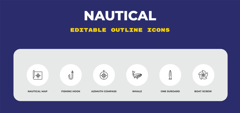 outline nautical icons set - nautical map, fishing hook, azimuth compass. editable vector for web and mobile ui