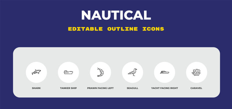 outline nautical icons set - shark, tanker ship, prawn facing left. editable vector for web and mobile ui