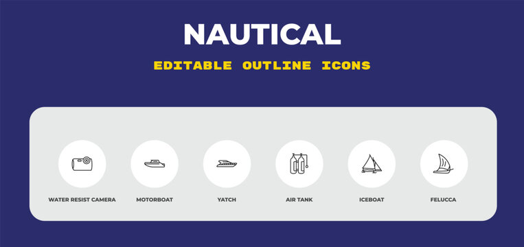 outline nautical icons set - water resist camera, motorboat, yatch. editable vector for web and mobile ui