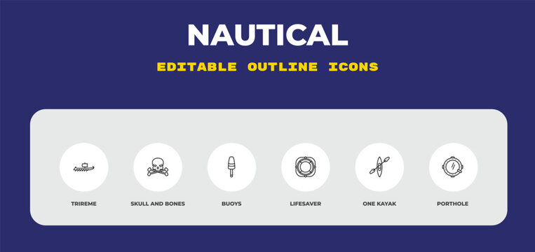 outline nautical icons set - trireme, skull and bones, buoys. editable vector for web and mobile ui
