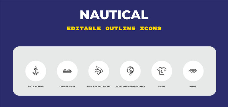 outline nautical icons set - big anchor, cruise ship, fish facing right. editable vector for web and mobile ui