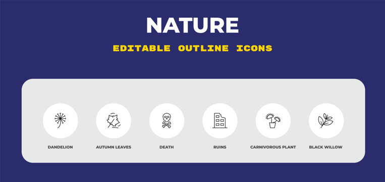 outline nature icons set - dandelion, autumn leaves, death. editable vector for web and mobile ui