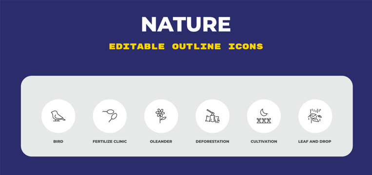 outline nature icons set - bird, fertilize clinic, oleander. editable vector for web and mobile ui