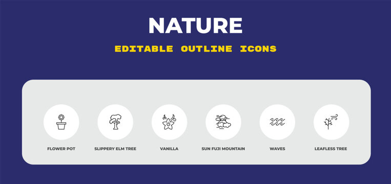 outline nature icons set - flower pot, slippery elm tree, vanilla. editable vector for web and mobile ui