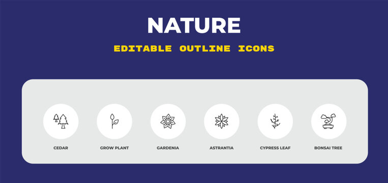 outline nature icons set - cedar, grow plant, gardenia. editable vector for web and mobile ui