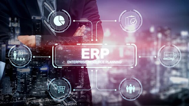 ERP platform visual showing centralized system for enterprise resource planning, improving integration, data flow, business efficiency, finance, inventory, and human resources. Muxer