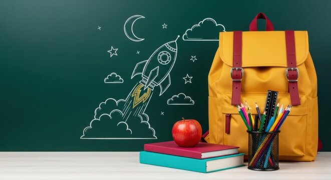 Education back to school concept with a yellow backpack books and a rocket drawing on a dark green chalkboard in a bright classroom setting