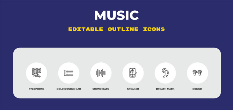 outline music icons set - xylophone, bold double bar line, sound bars. editable vector for web and mobile ui