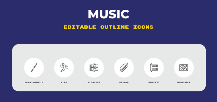 outline music icons set - pennywhistle, clef, alto clef. editable vector for web and mobile ui