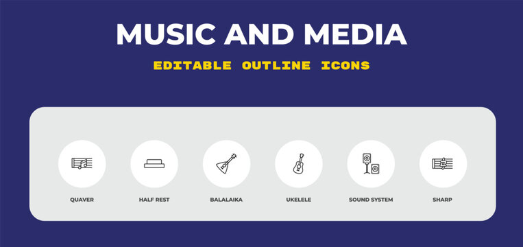 outline music and media icons set - quaver, half rest, balalaika. editable vector for web and mobile ui