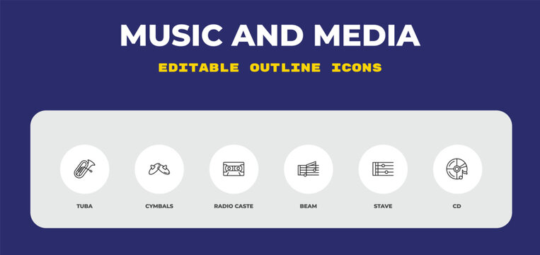 outline music and media icons set - tuba, cymbals, radio caste. editable vector for web and mobile ui