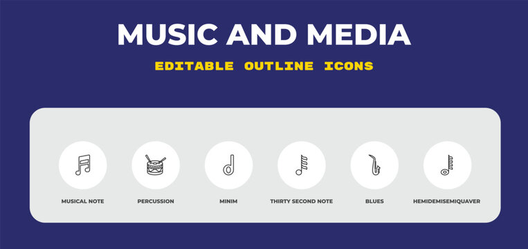 outline music and media icons set - musical note, percussion, minim. editable vector for web and mobile ui