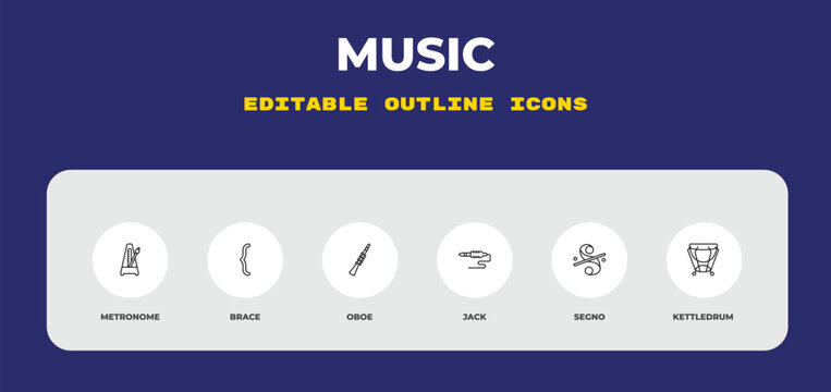 outline music icons set - metronome, brace, oboe. editable vector for web and mobile ui