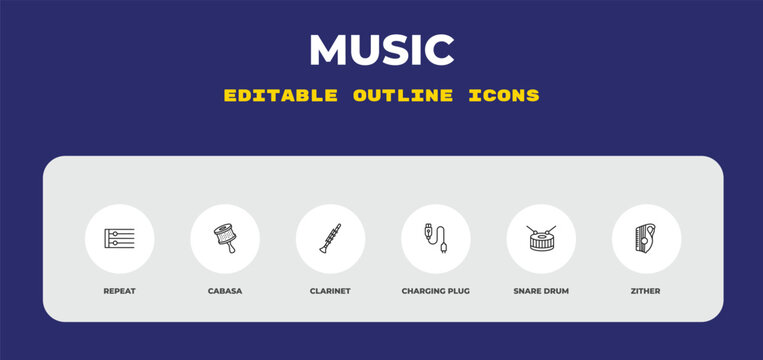 outline music icons set - repeat, cabasa, clarinet. editable vector for web and mobile ui
