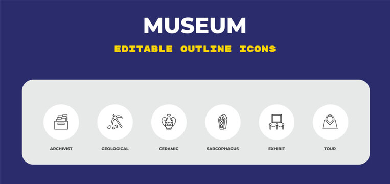 outline museum icons set - archivist, geological, ceramic. editable vector for web and mobile ui