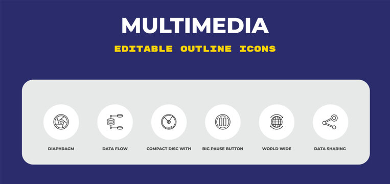 outline multimedia icons set - diaphragm, data flow, compact disc with glare. editable vector for web and mobile ui