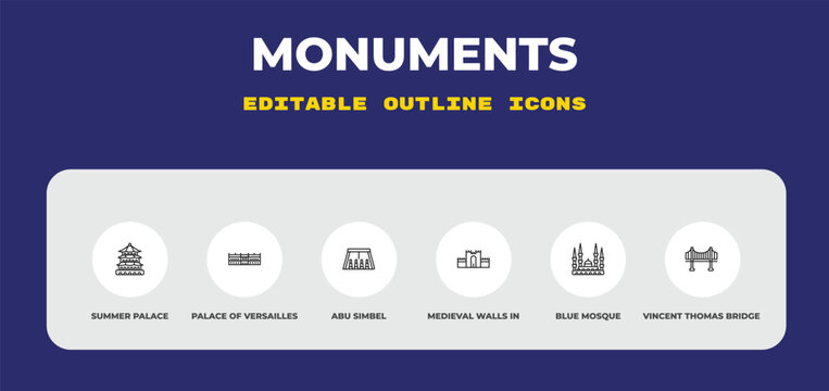 outline monuments icons set - summer palace, palace of versailles, abu simbel. editable vector for web and mobile ui