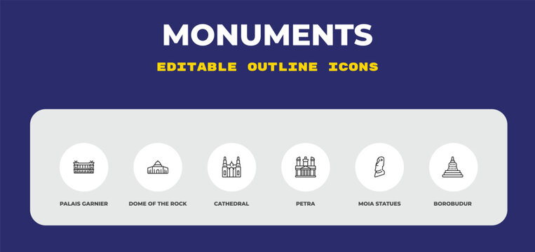 outline monuments icons set - palais garnier, dome of the rock, cathedral. editable vector for web and mobile ui