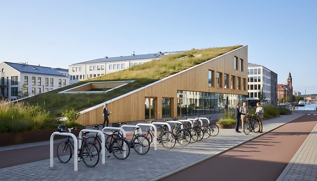 Modern sustainable office building with a living green roof and bicycle parking