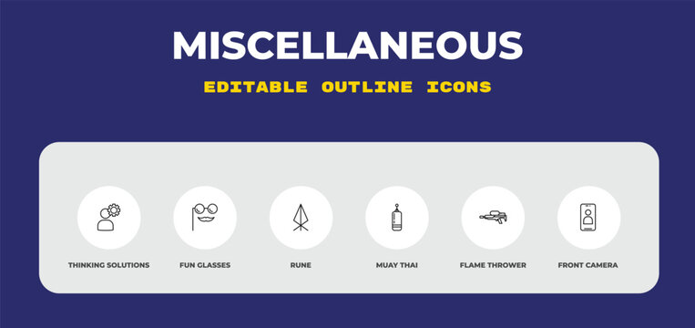 outline miscellaneous icons set - thinking solutions, fun glasses, rune. editable vector for web and mobile ui